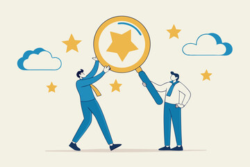 Appraisal, evaluate or assessment for quality or value, property or real estate rating evaluation, analyze employee performance concept, businessman with magnifying glass with stars quality score.