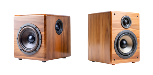 Pair of Elegant Wooden Bookshelf Speakers High Fidelity Audio System Home Theater Music Listening transparent background Generative AI