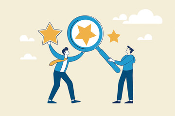 Appraisal, evaluate or assessment for quality or value, property or real estate rating evaluation, analyze employee performance concept, businessman with magnifying glass with stars quality score.