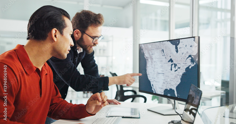 Poster collaboration, computer screen and map with business people in office for renewable energy or sustai