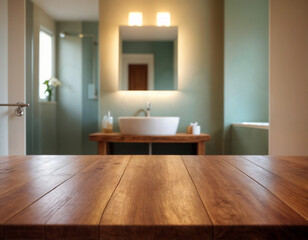 Empty wooden table with blurred morden and luxury bathroom/spa background behind