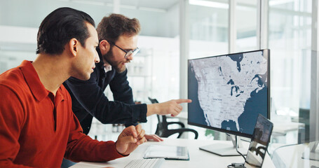 Collaboration, computer screen and map with business people in office for renewable energy or...