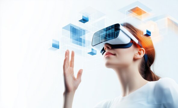 Futuristic, minimalist scene showing a person wearing a VR headset and extending one arm forward.