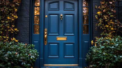 Close - up view of a navy blue door with a shiny brass doorknob in the front yard full of colorful flowers during the golden hour, featuring a beautiful bokeh effect. 