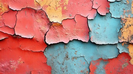 Obraz premium Cracked, weathered surface of paint in red, blue, and yellow hues