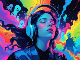 Abstract Portrait of Girl with Headphones. Surreal Mental Health and Sound Hallucination Illustration. 