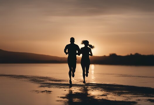 sunset running silhouette couple beach man weight energy run body loss runner jogging exercise male woman athlete background marathon outside lifestyle fitness sport people sun health jogger physical