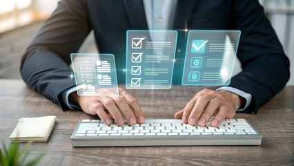 Policy documentation and compliance concept. A person reviews digital document labeled "Policies" with icons, checklists, certifications, and financial detail. policy management, regulatory compliance