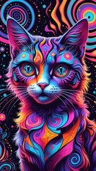 Create an intricate illustration of a psychedelic cat with vibrant hues and intricate patterns.