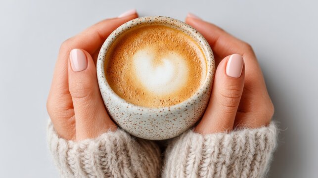 Woman holds a coffee cup with a heart design on it. The cup is white and has a brown swirl pattern. The woman is wearing a white sweater and has her hands wrapped around the cup