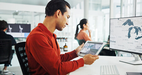 Map, business and man with technology in office for renewable energy, power or sustainability. USA project, computer screen or environmental consultant on tablet for research, development or ecology
