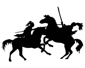 Silhouette of a warrior fighting on horseback. Icon of a medieval knights battle scene