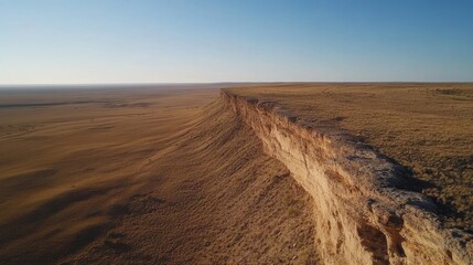 Sandstone cliff stands majestically above the sprawling desert, its surface illuminated by warm sunlight