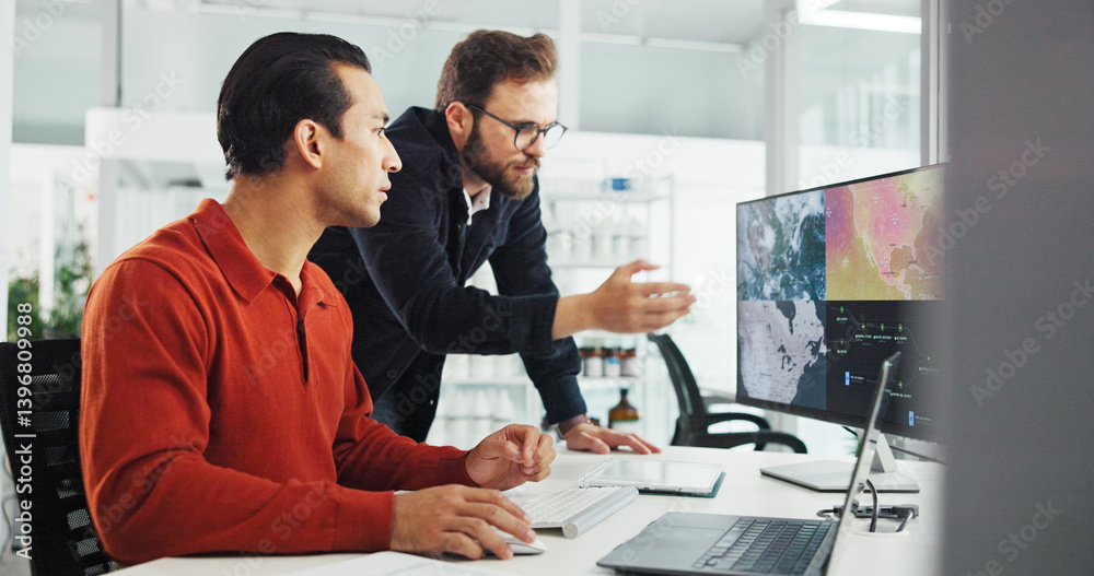 Poster collaboration, computer screen and weather with business men in office for renewable energy or susta