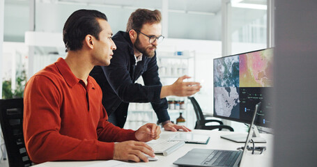 Collaboration, computer screen and weather with business men in office for renewable energy or...