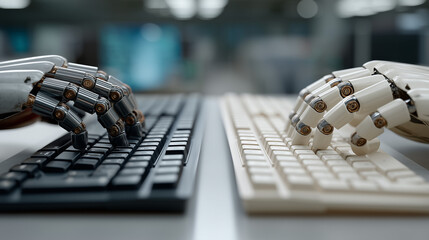Robotic Synergy: Two robotic hands, with meticulous detail, engage in a collaborative exchange on keyboards, capturing the essence of advanced technology and futuristic collaboration.