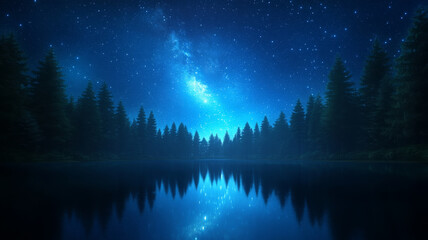 breathtaking view of starry night sky over tranquil lake, surrounded by tall trees