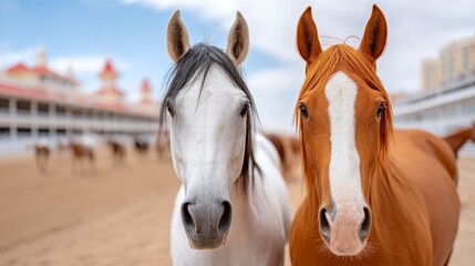 Fototapeta premium Two horses standing next to each other with one white and one brown. The white horse has a black mane and the brown horse has a white mane