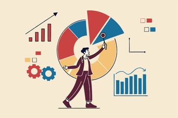 Analyze data, financial research analytics, data analysis, chart and graph or diagram, database report or predictive visualization concept, businessman with magnifying glass analyzing pie chart data.