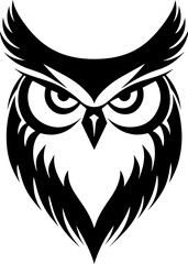 A detailed vector illustration of an owl head, showcasing its sharp eyes, feather texture, and symmetrical features. Ideal for logos, educational materials, wildlife-themed designs, tattoos
