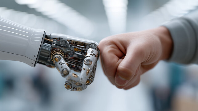 Unity between Human and Machine: A close-up shot of a human fist bumping with a metallic robot hand. This image conveys themes of connection, futuristic technology, and artificial intelligence.