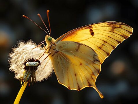 Fototapeta A butterfly sits delicately on a dandelion wings catching the light in a golden hue against a dark background