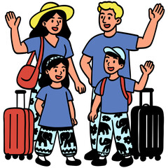 A happy cartoon family of four with suitcases, wearing elephant pants, Colorful illustration.