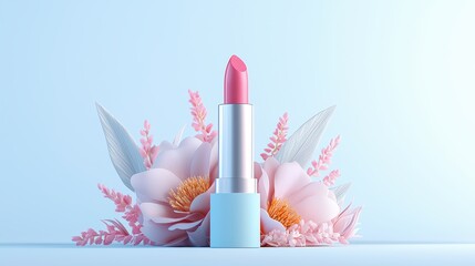 Visually striking product photography, commercial poster of a cosmetic lipstick on a 3D floral stage,