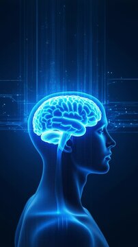 Glowing digital brain energy within a blue human head silhouette