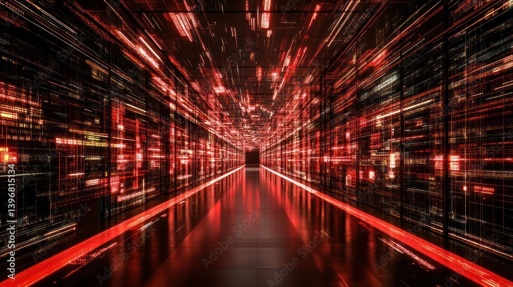 Poster Red-lit data center corridor with glowing digital information streams.