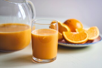 a glass of orange juice on a table with a white background