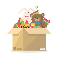 Children's toys are stacked in a box. Storage space for toys. The concept of order for toys.