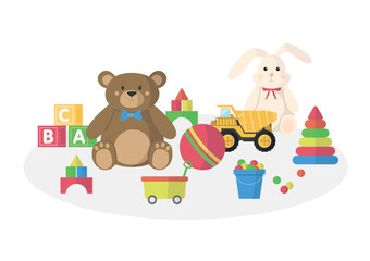 Children's toys placed on the floor for play and development. Toys for a boy or girl.