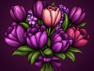 A floral arrangement with purple tulips green leaves pink flower on a solid purple background
