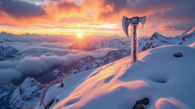Majestic Mountain Sunrise with Ice Axe on Snowy Peak Illuminated by Warm Golden Light over Jagged Snow-Covered Mountains
