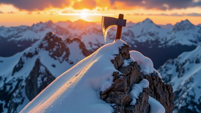 Majestic Mountain Sunrise with Ice Axe on Snowy Peak Illuminated by Warm Golden Light over Jagged Snow-Covered Mountains