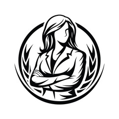 Confident Woman Outline, Black and White Logo, Businesswoman, Circle of Leaves, Elegant