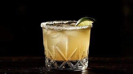 Refreshing margarita cocktail in a rocks glass with lime and salt rim on dark wood.