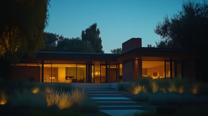 Modern home glowing at dusk with soft garden lights, blending warmth and sleek architecture