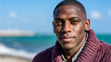 Man with a beard and a red sweater is standing on a beach. He is looking at the camera with a serious expression