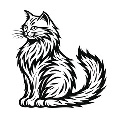 Elegant Monochrome Fluffy Cat Sitting, Detailed Fur Texture, Side View