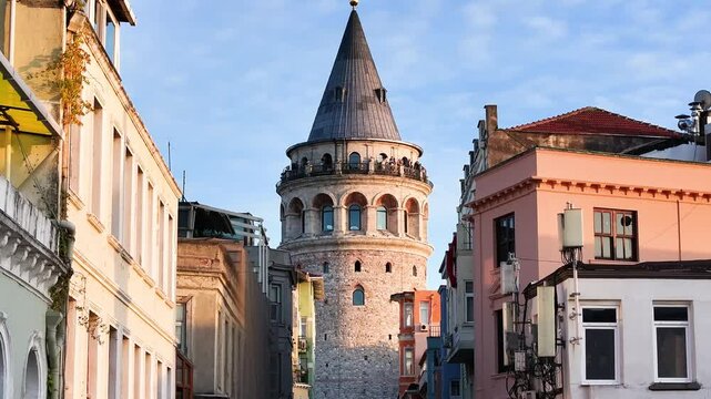 Galata Tower and Galata Street Drone Video, Galata Beyoglu, Istanbul Turkiye (Turkey)