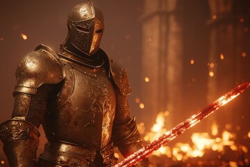 Knight with glowing sword: An armored knight stands ready, holding a glowing red sword, with intense focus and determination. Surrounded by the warm glow of fire, and architecture of stone.
