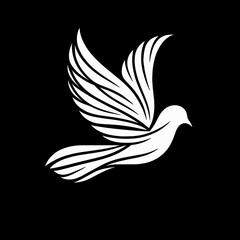 Flying white dove, elegant wings, black background, symbol of peace and freedom