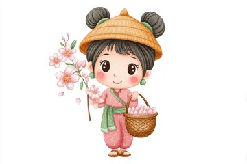 Adorable Cartoon Girl with Cherry Blossoms and Basket