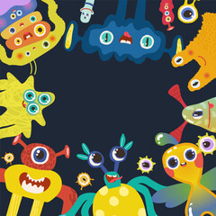 Happy Birthday concept monster alien party vector template card. Flat vector design for comic, education, kids