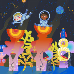 Naklejka premium Vector illustration of kids astronaut on a another planet trip across the galaxy