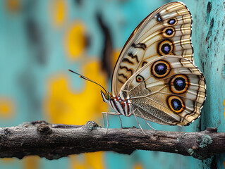Beautiful butterfly with eye-like spots perched on a branch against a colorful background
