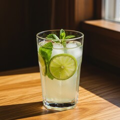 tall glass of a refreshing lime and mint drink with ice cubes, lime slices, and fresh mint leaves, placed on a wooden table with warm