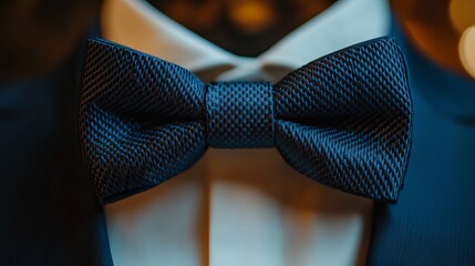 A close up of a navy blue bow tie on a white shirt with a blurred background and dark blue suit jacket